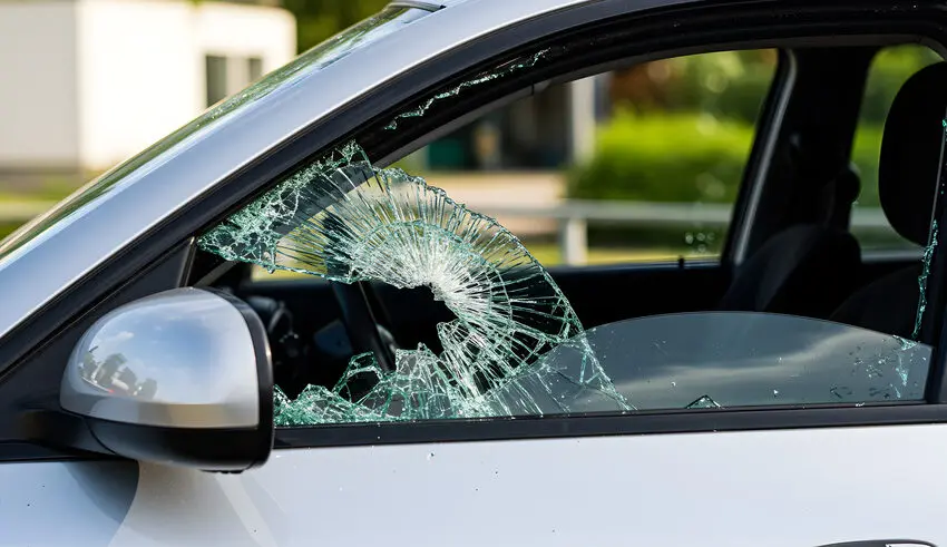 Damaged Silver Car With Smashed Window Glass Outdoors Due to Vandalism The