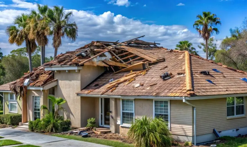 damaged roof of a house in hurricane