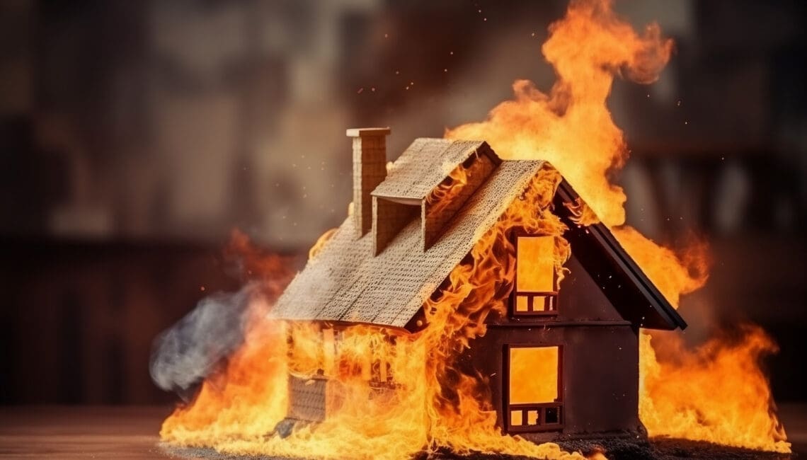 Fire damage concept with a wooden home miniature burning