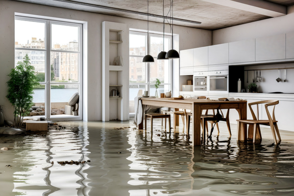 Flooded house with rooms full of water