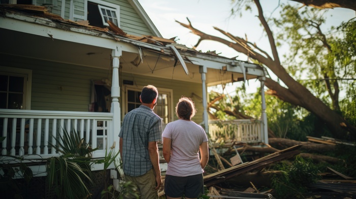 Couple stands by their damaged home with a fallen tree on the roof