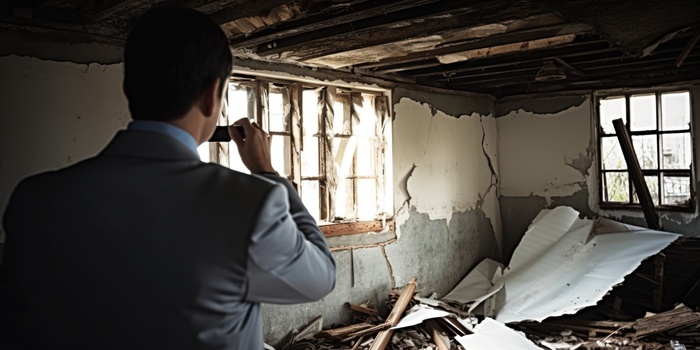 insurance adjuster inspecting a damaged property for claim adjustment