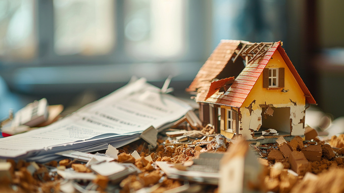A disaster-struck model house with a property insurance claim form beside it, depicting coverage in times of need