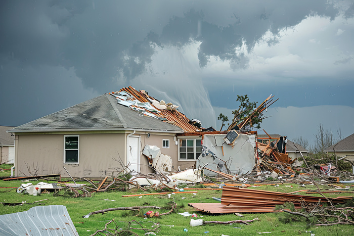 Tornado wind and storm wreaks severe damage onto a residential family home