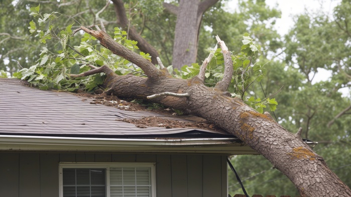 Fallen tree on house roof after hurricane.