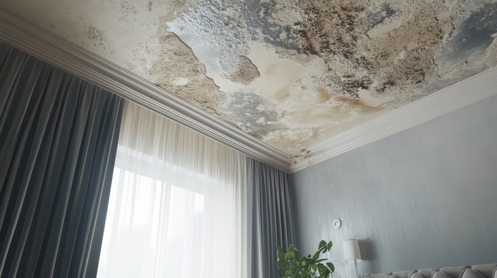 A residential room with severe water damage on the ceiling, showcasing cracked paint and mold growth near curtains and window