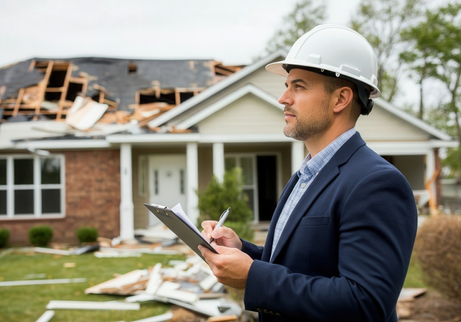 Insurance agent taking notes inspecting roof damage on house after hurricane