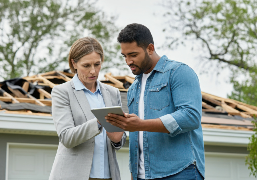 Public adjuster and homeowner using tablet to assess damage on house with destroyed roof