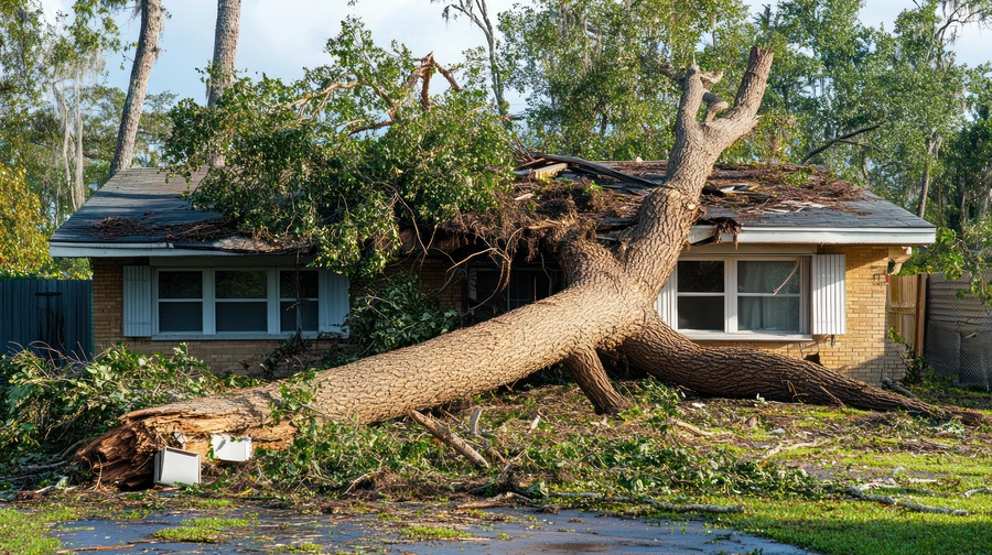 Storm damage Tree fallen on suburban house, roof destroyed,