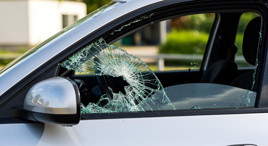 Damaged Silver Car With Smashed Window Glass Outdoors Due to Vandalism The