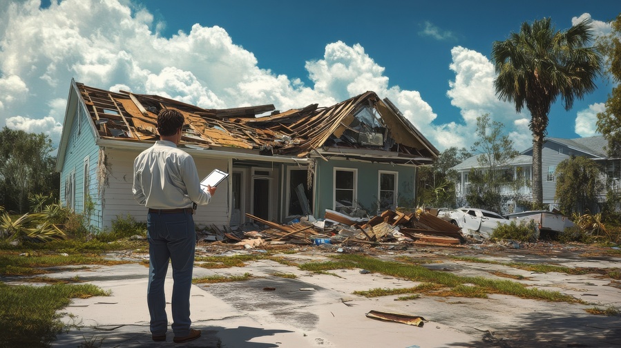 An insurance adjuster standing in front of a hurricane-damaged house, clipboard in hand, assessing the destruction of a suburban home.