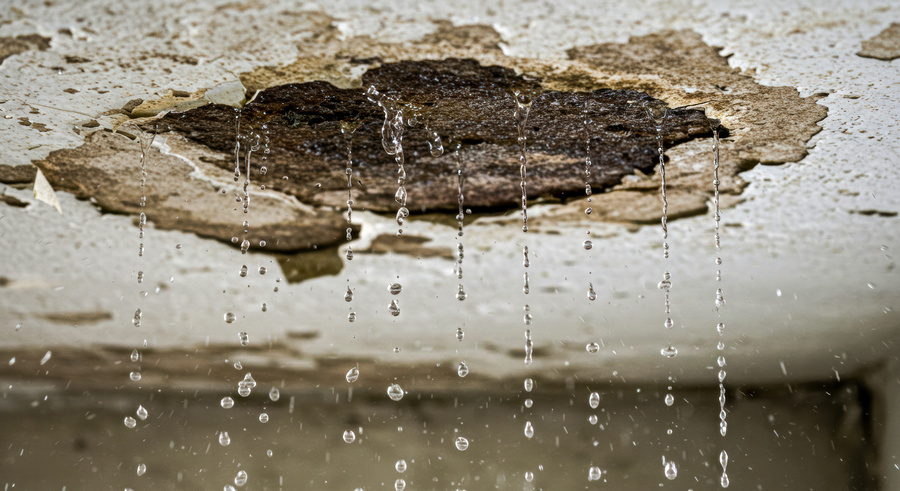 Water droplets fall from a damaged ceiling as paint peels