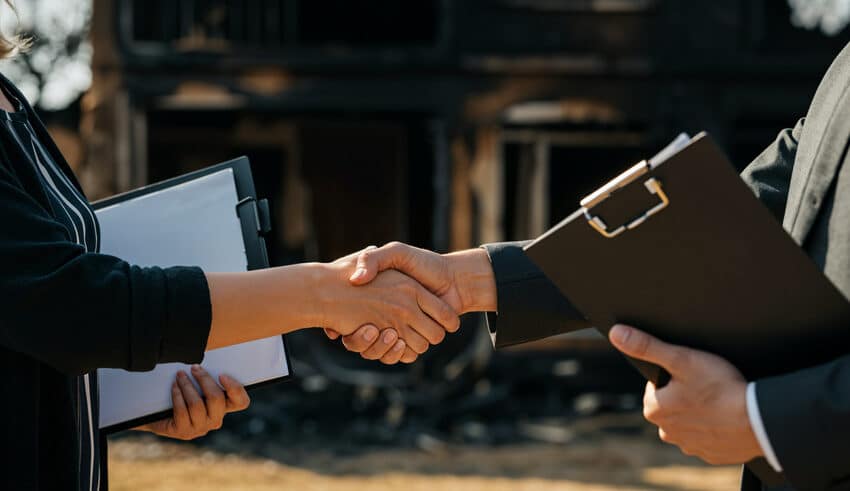 Insurance adjuster and client shaking hands in front of burned house, finalizing insurance claim agreement