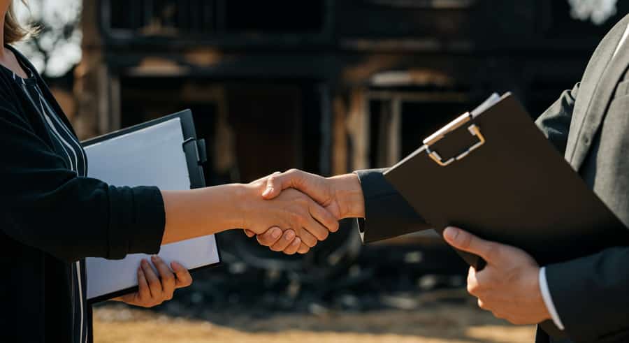 Insurance adjuster and client shaking hands in front of burned house, finalizing insurance claim agreement