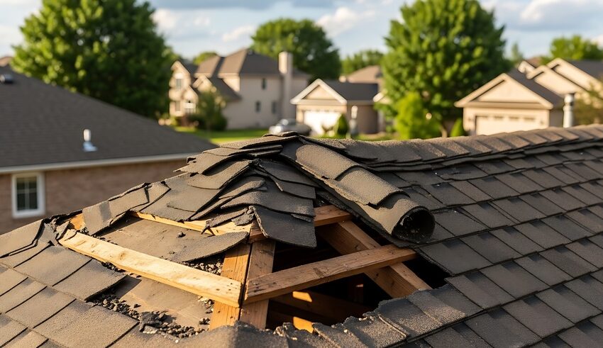 Damaged roof with missing and broken shingles exposing wooden structure in residential area