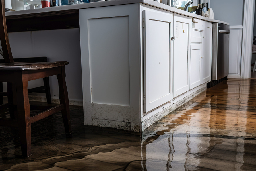 Flooded apartment due to a leak from a burst pipe or after a flood