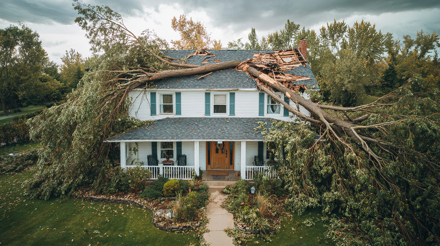 Fallen tree in front of a house after a storm