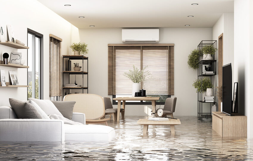 A flooded modern living room with water covering the floor and furniture showing the impact of a natural disaster on home