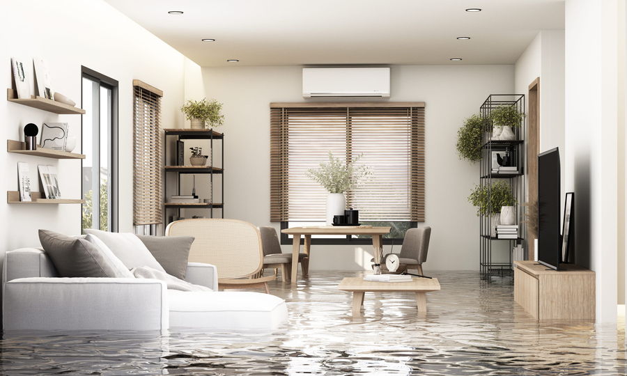 A flooded modern living room with water covering the floor and furniture showing the impact of a natural disaster on home