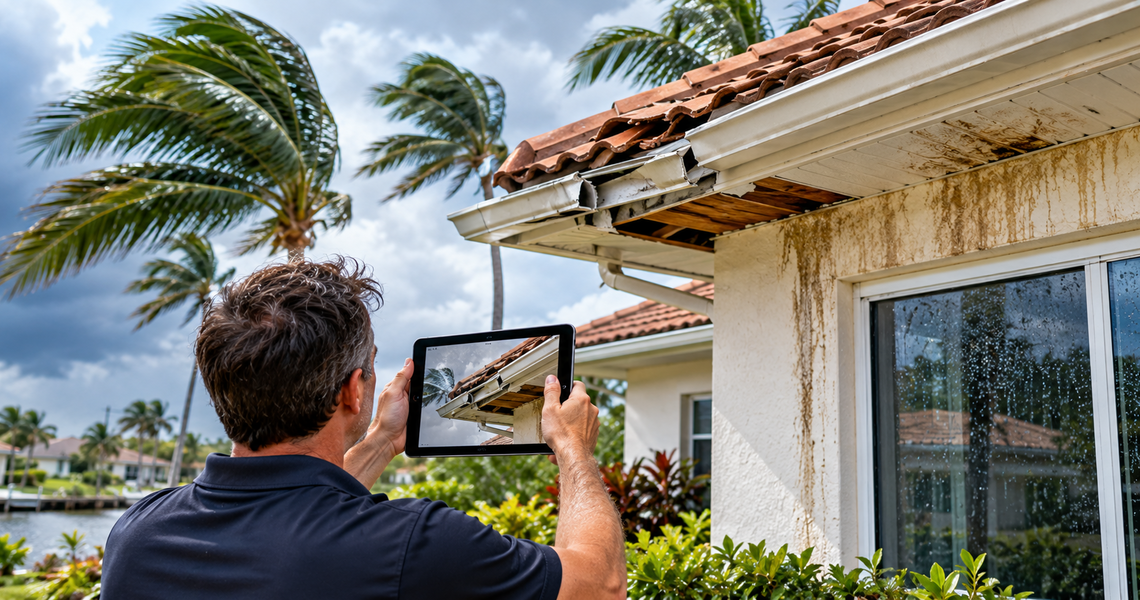 Homeowner doing water and wind damage inspection for his house