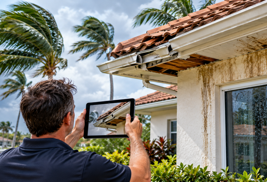 Homeowner doing water and wind damage inspection for his house